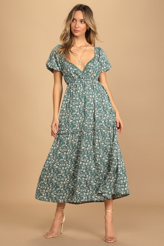 Teal Floral Print Dress - Puff Sleeve ...